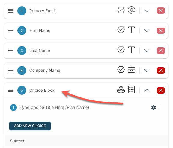 A screenshot of a web page with a arrow pointing to the choice block.
