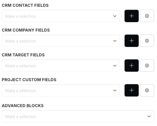 A screenshot of the crm contact fields , crm company fields , crm target fields , and project custom fields.