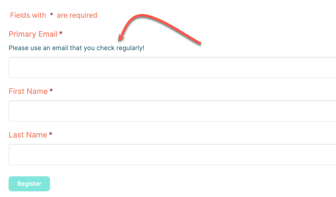 A screenshot of a contact form with a red arrow pointing to the first name field.