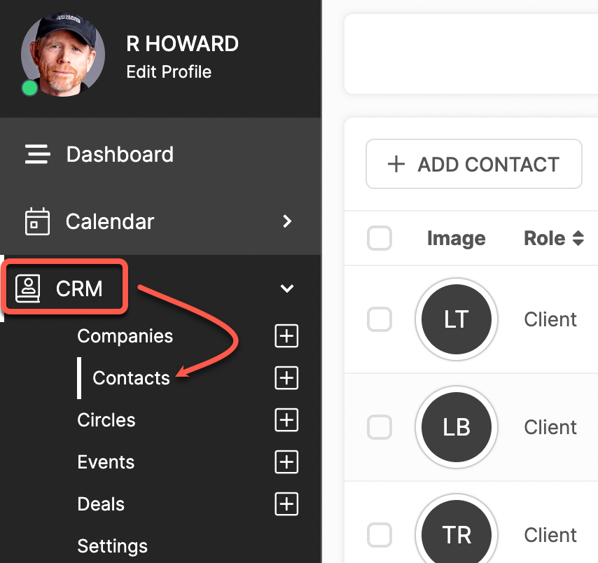 A screenshot of a dashboard with a red arrow pointing to the crm section