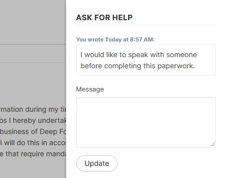 A screenshot of an ask for help page that says i would like to speak with someone before completing this paperwork