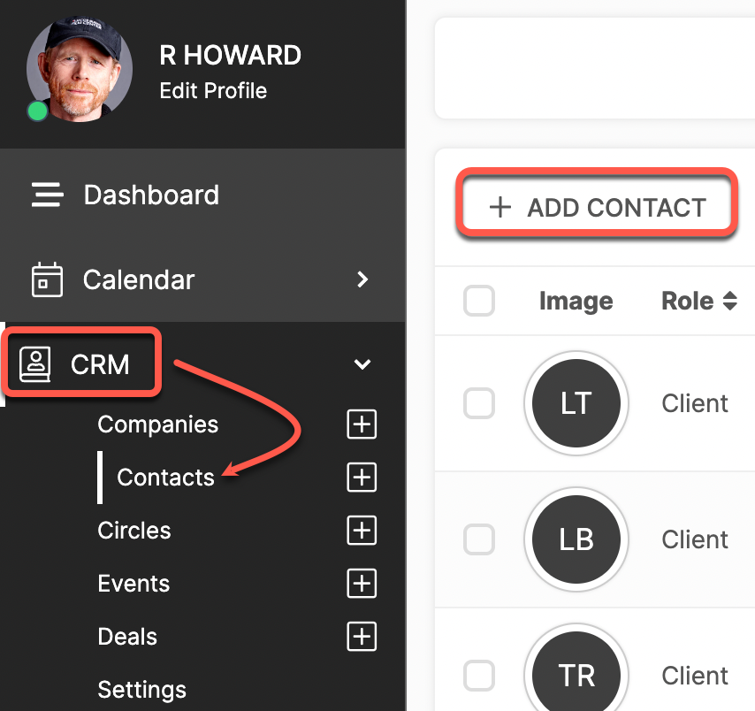A screenshot of r howard 's dashboard and add contact button