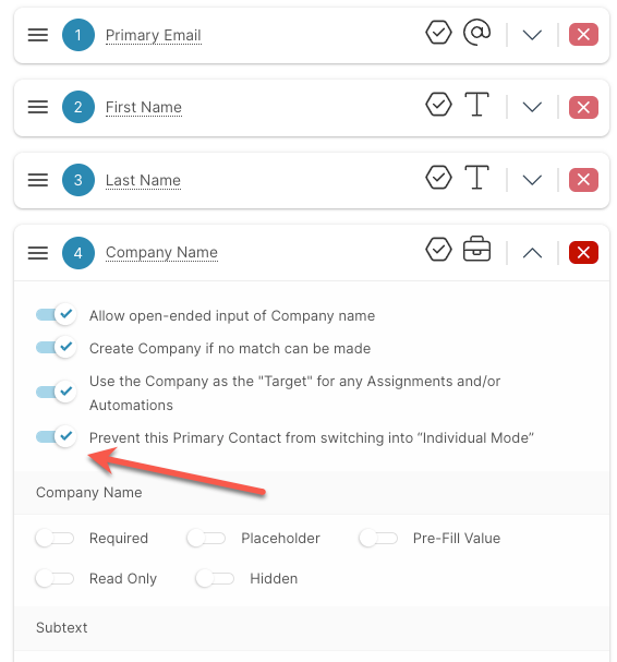 A screenshot of a web page with a red arrow pointing to the primary contact from switching into individual mode.