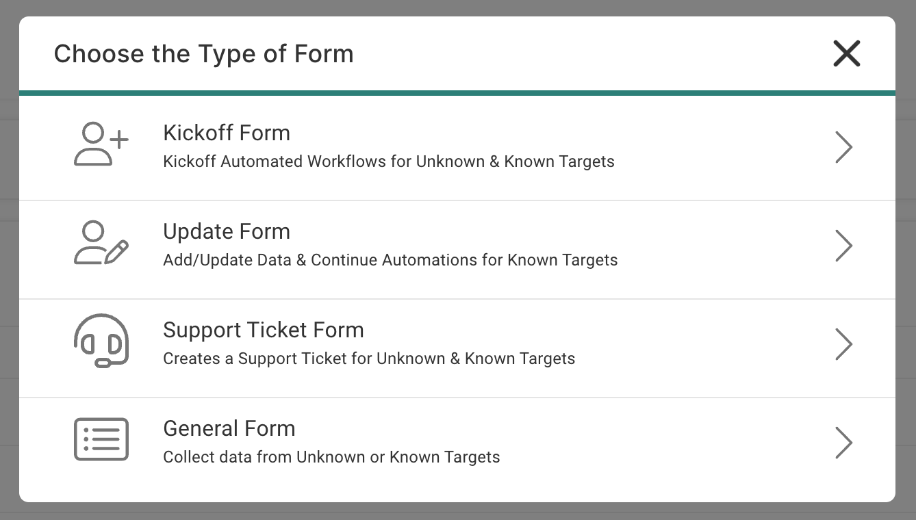 A screenshot of a choose the type of form page.