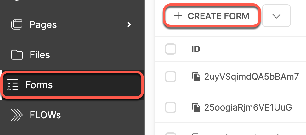 A screenshot of a website showing the create form button