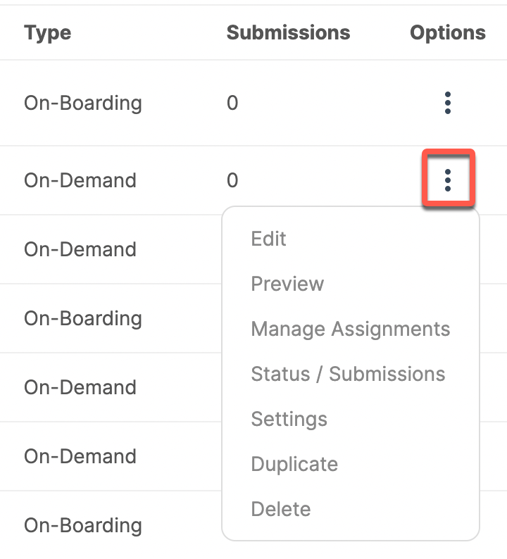 A screenshot of a web page showing a list of submissions and options.