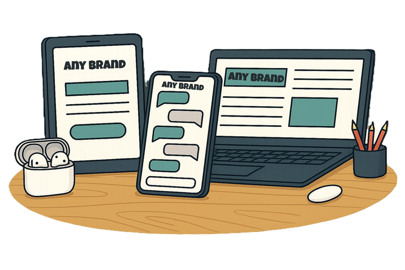 Responsive website mockup on phone, tablet, and laptop with “Any Brand” branding on a desk