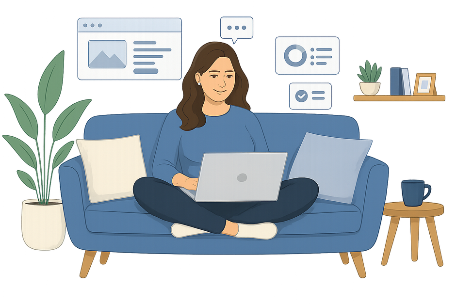 Person working on a laptop on a blue couch in a cozy living room with plants and wall decor