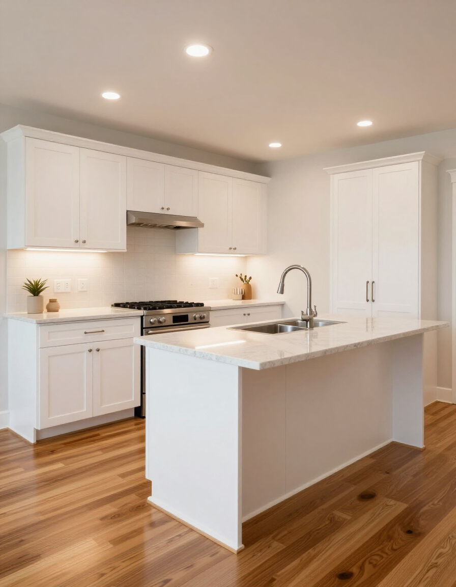 Beautifully remodeled kitchen interior with bright cabinetry and countertops