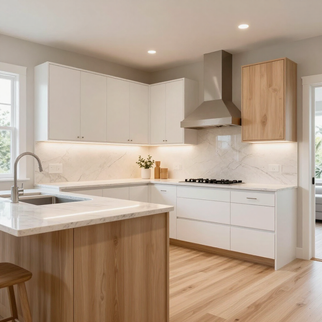 Modern kitchen remodel with white cabinetry and stone countertops