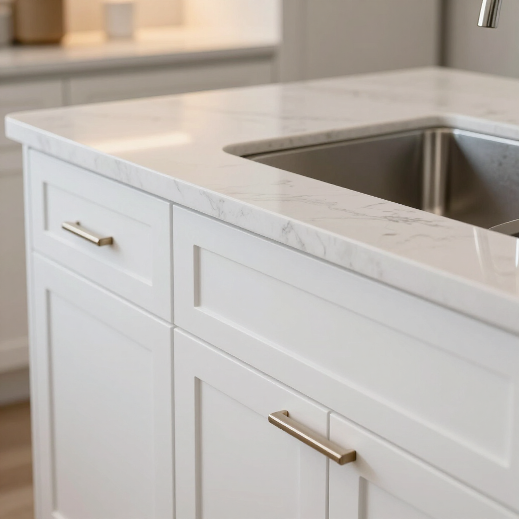 Newly installed shaker cabinets with quartz countertop and undermount sink
