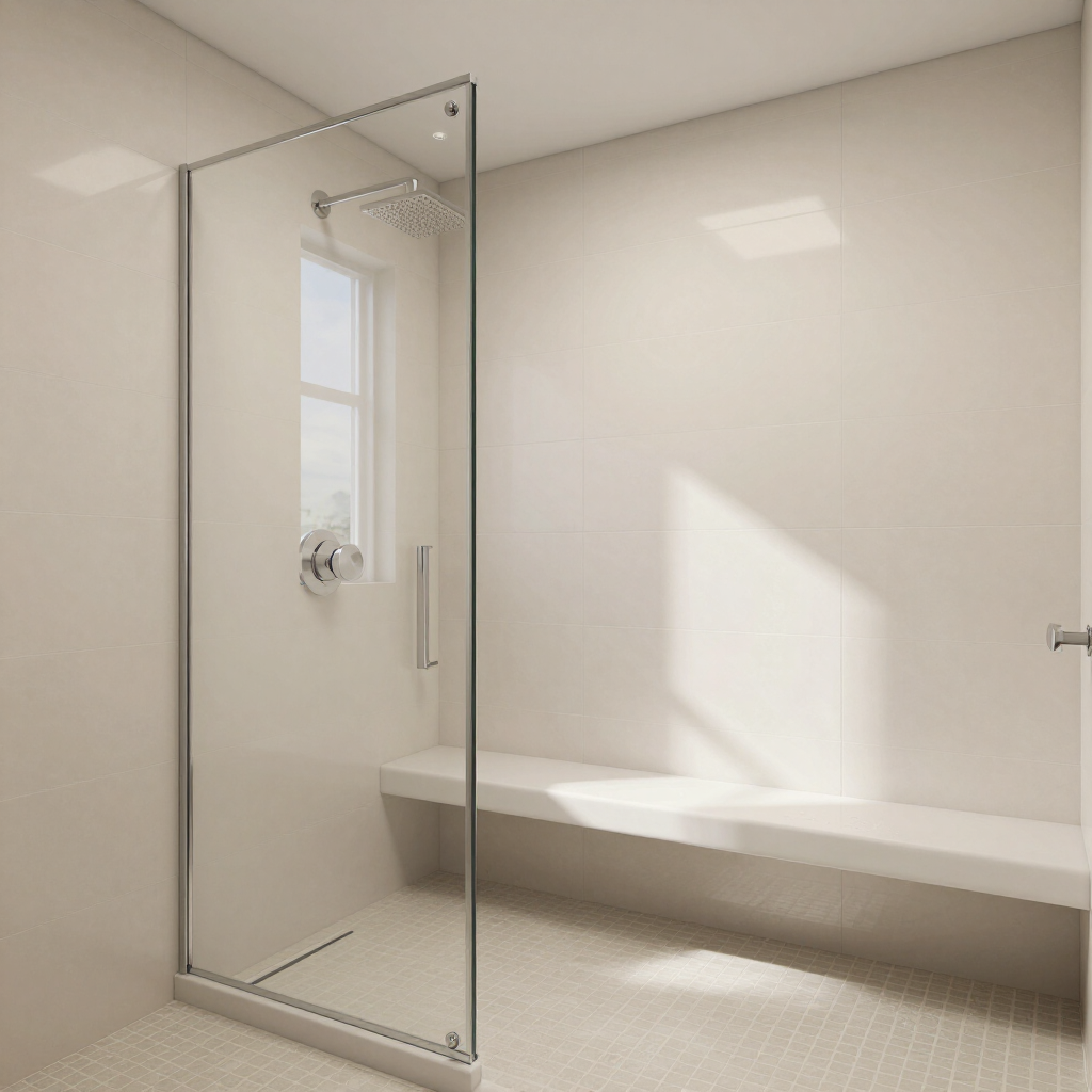 Spacious walk-in shower with bench seating and rainfall showerhead