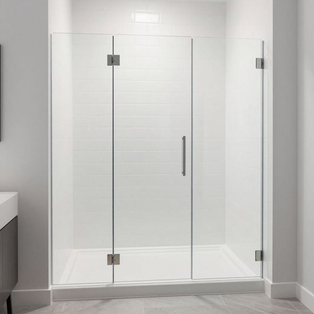 Modern walk-in shower with frameless glass door and clean tile