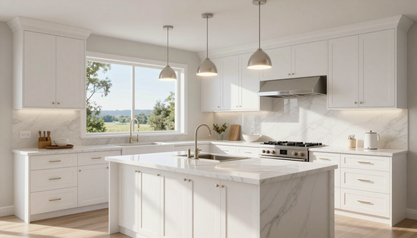 Beautifully remodeled modern kitchen with white shaker cabinetry and quartz countertops