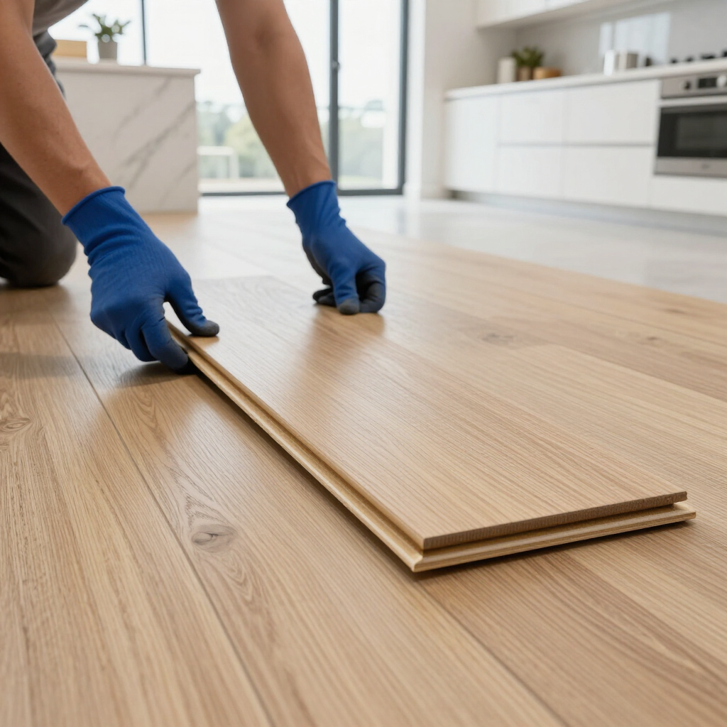 Luxury vinyl plank flooring installation in kitchen