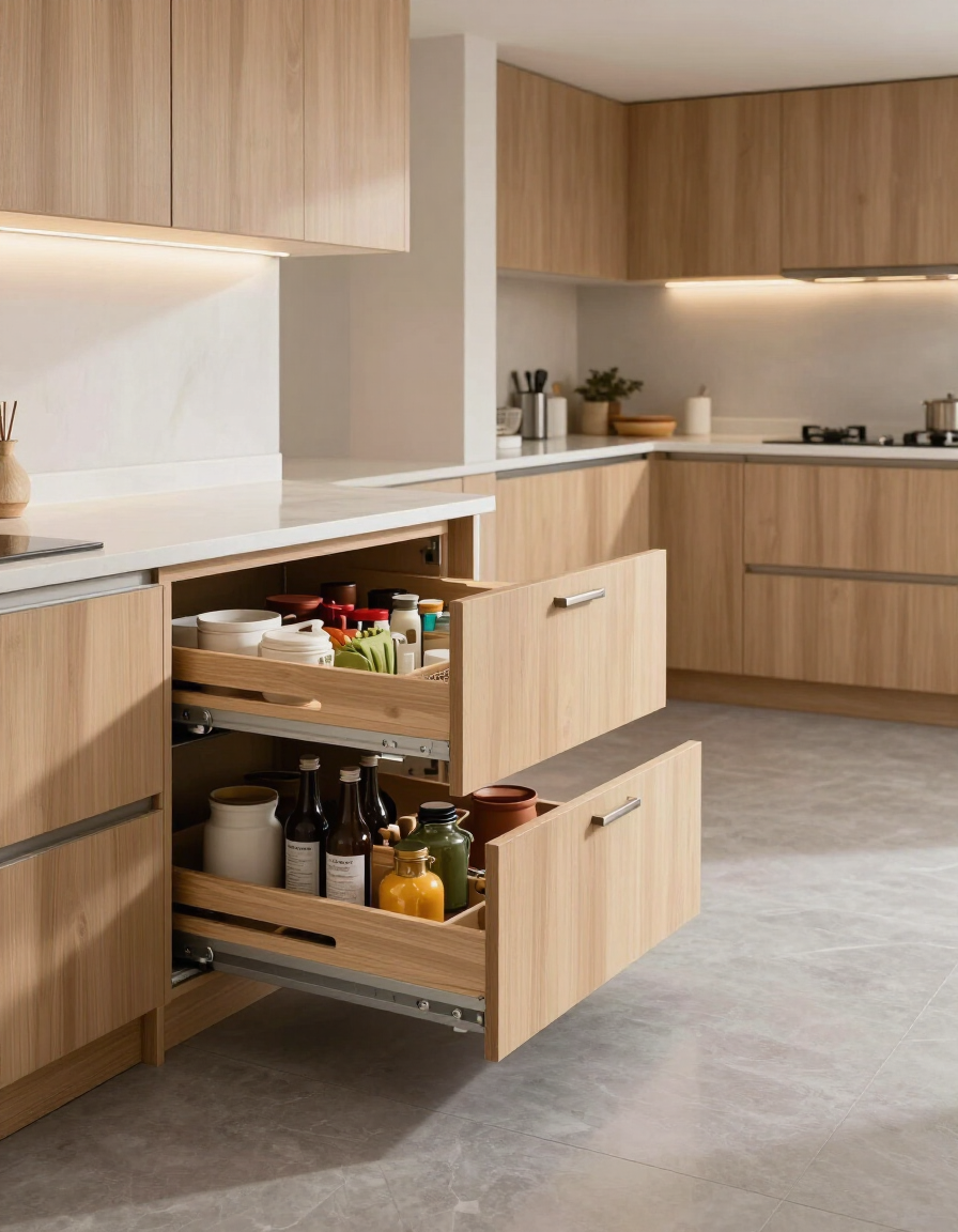 Modern accessible kitchen with pull-out shelving and wide aisles