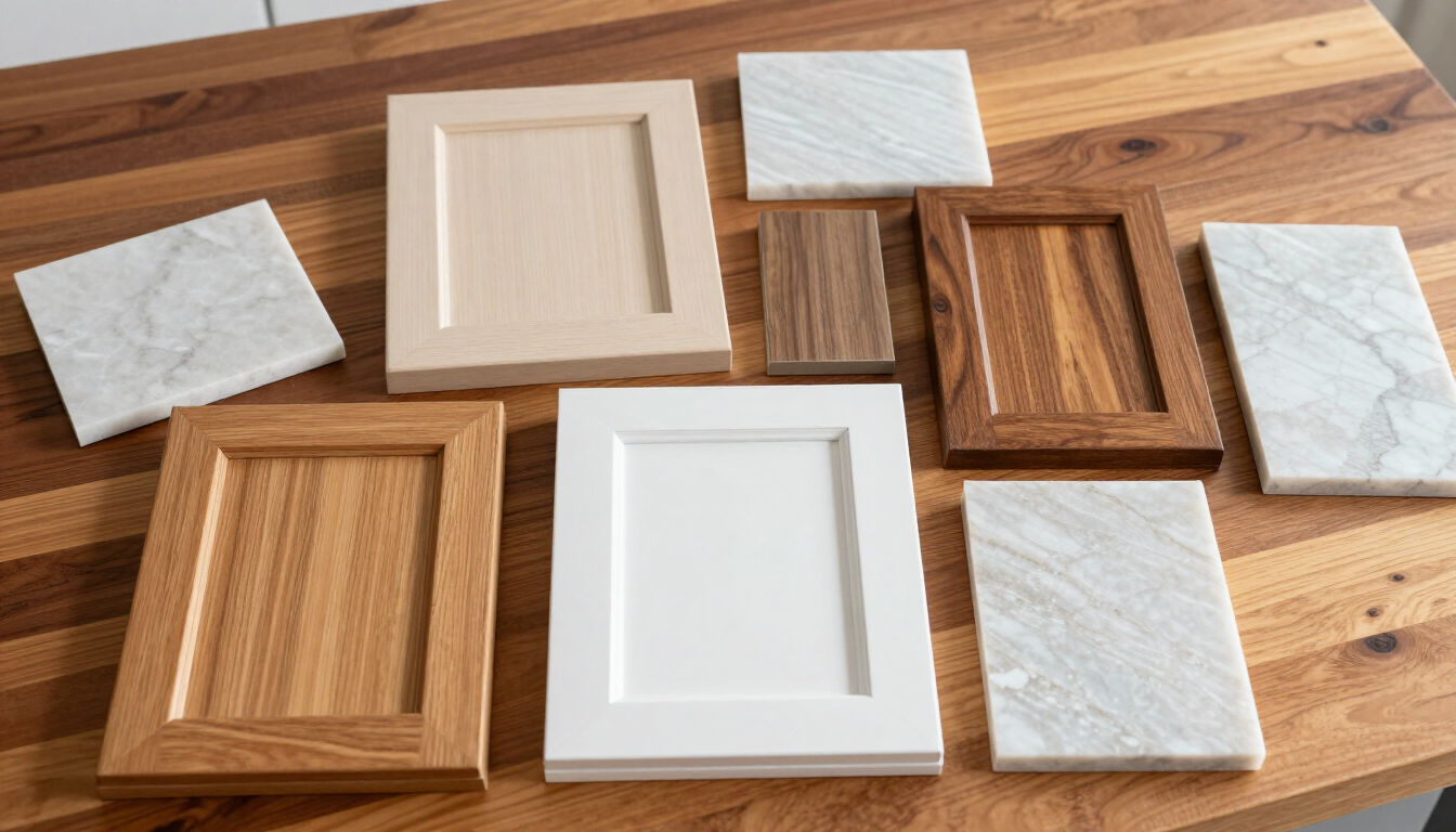 Cabinet door samples and quartz countertop slab