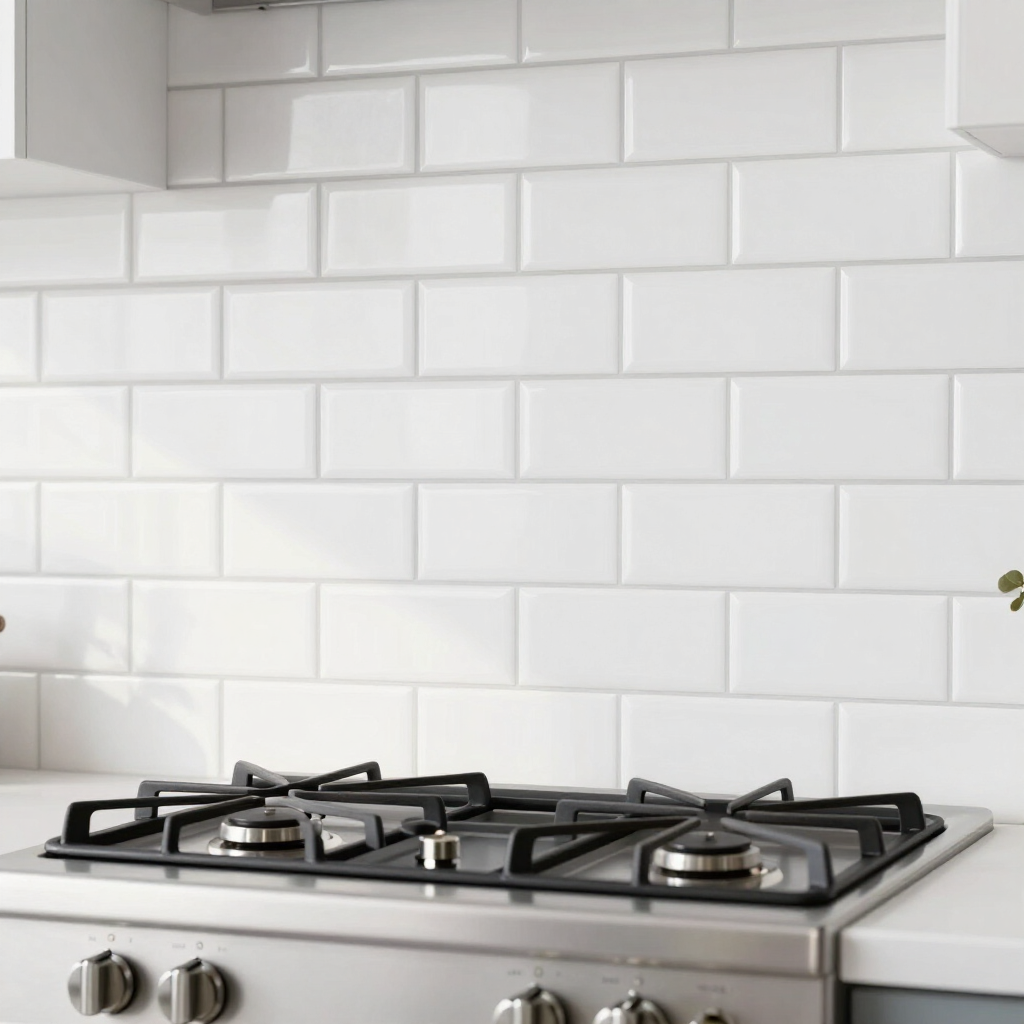 Subway tile backsplash behind kitchen range