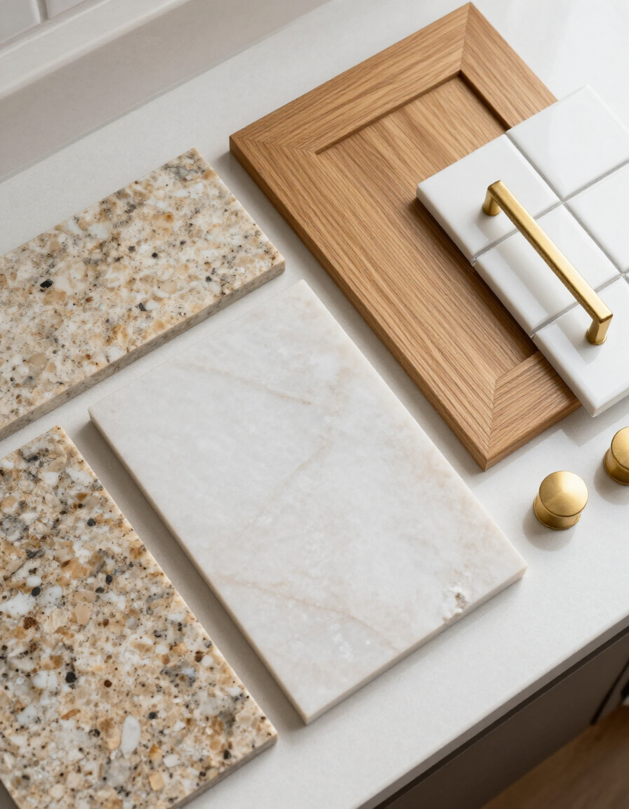 Kitchen material samples including quartz, granite, oak, subway tile and brushed gold hardware