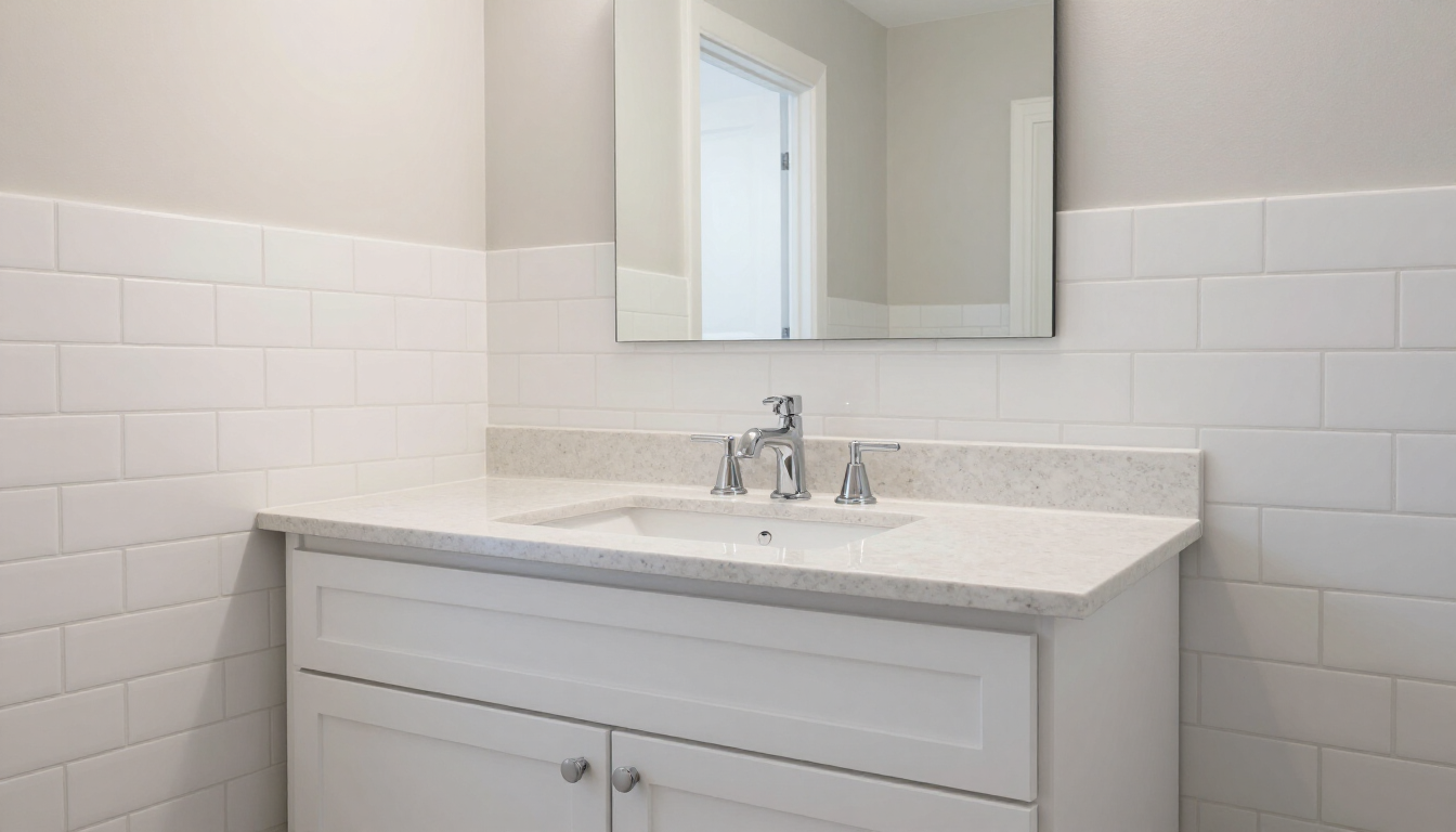 Newly remodeled bathroom with white shaker vanity and subway tile