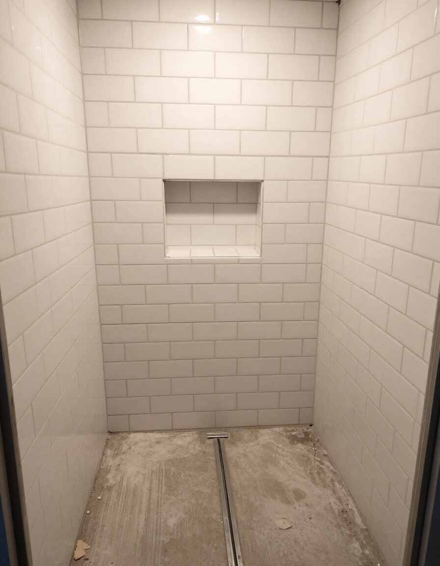 Shower construction showing tile work and recessed niche