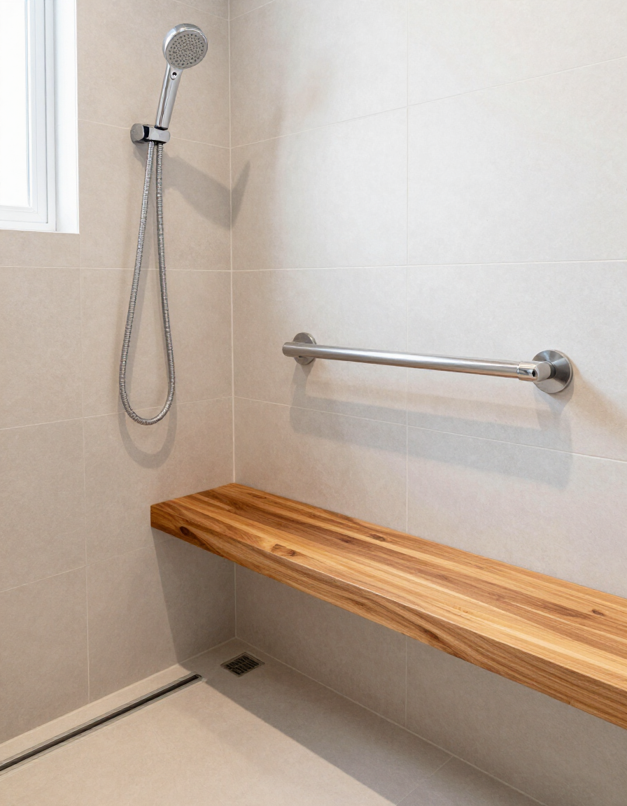 Accessible barrier-free shower with bench and grab bar