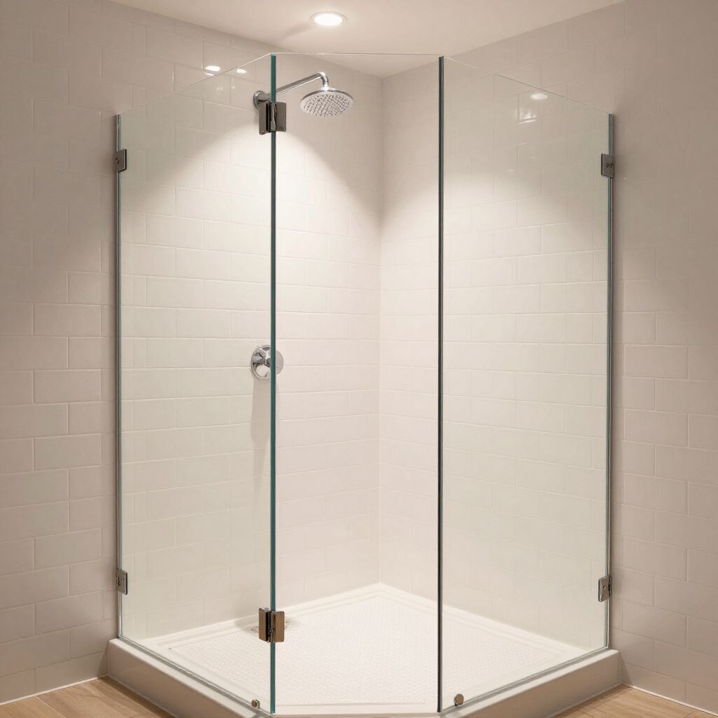 Walk-in shower with subway tile and frameless glass