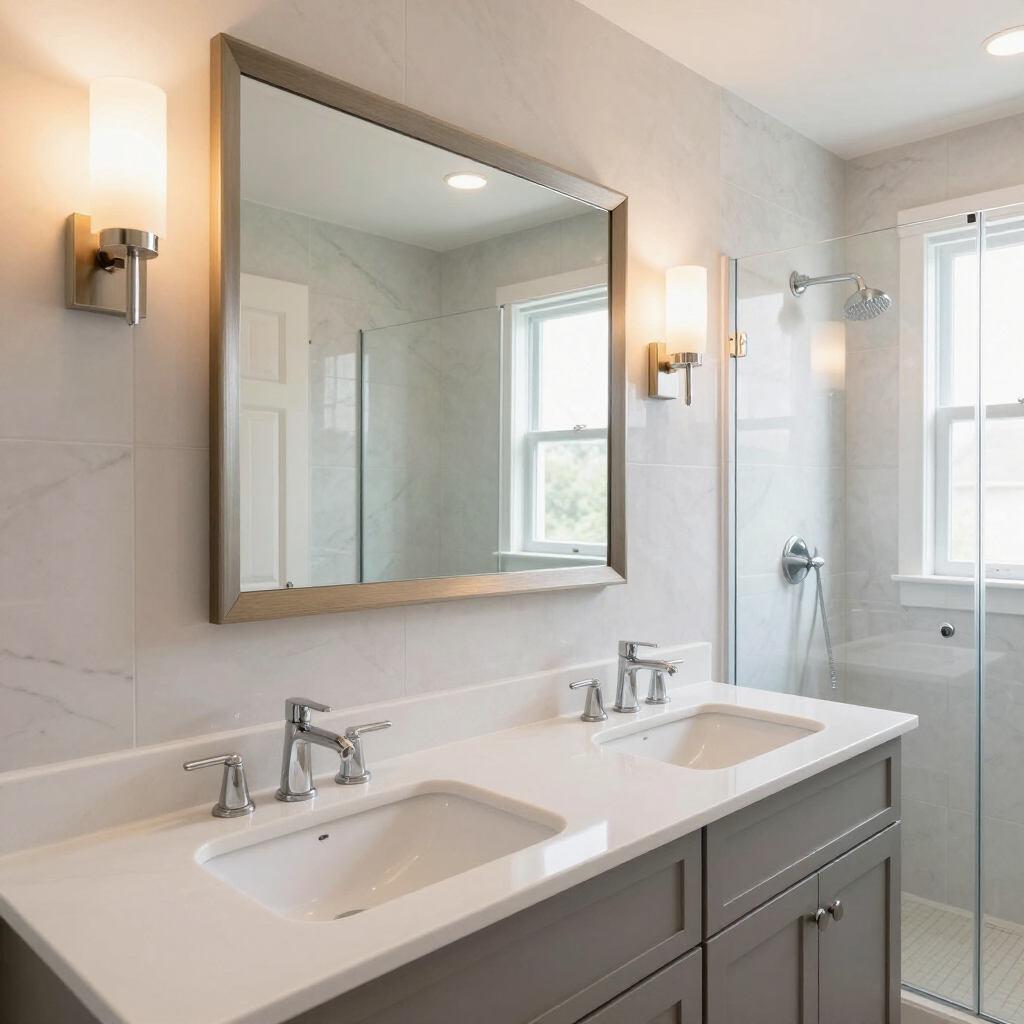 Fully remodeled bathroom with double vanity and walk-in shower