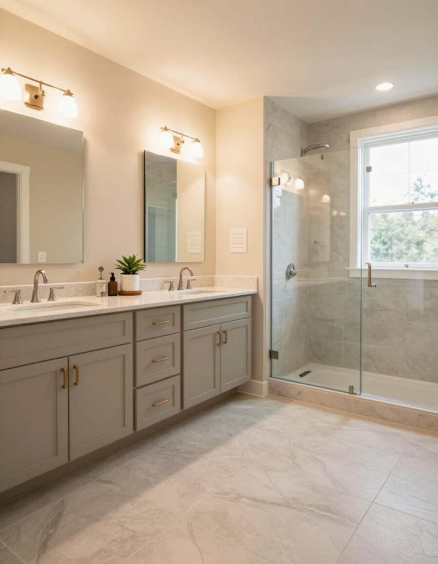Renovated bathroom with tile walls, double vanity, and frameless glass shower