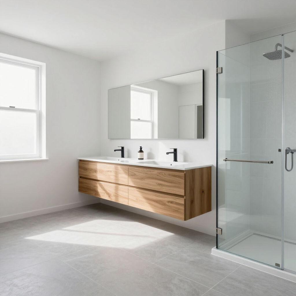 Full bathroom remodel with double vanity and frameless glass shower