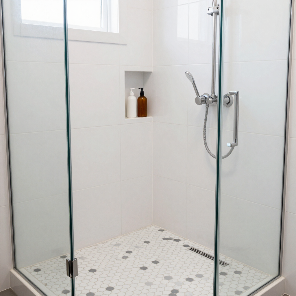 Frameless glass walk-in shower with hexagonal mosaic floor tile and built-in niche