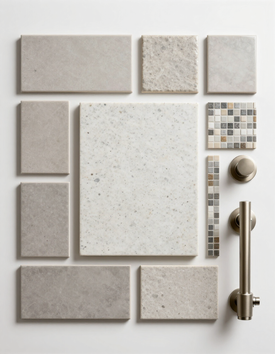 Bathroom material selection flat-lay with tile samples, quartz swatch, and brushed nickel faucet