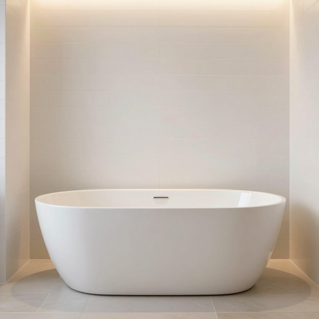 Modern freestanding soaking tub against white shiplap tile