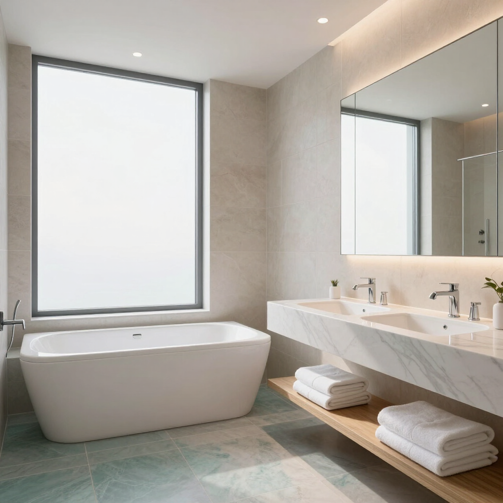 Bathroom with layered lighting including backlit mirror and recessed ceiling lights