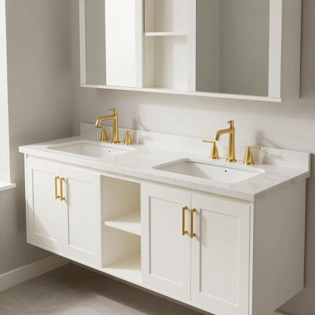 Double vanity with quartz countertop and open shelf cabinetry