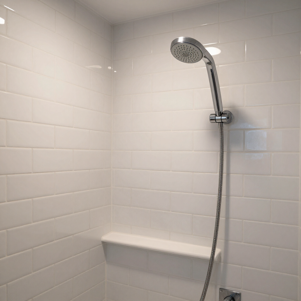Tub-to-shower conversion showing tiled niche, subway tile walls, and handheld showerhead