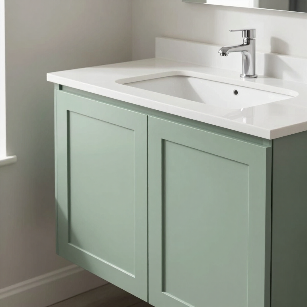 Bathroom vanity with sage-green shaker cabinet doors and white quartz countertop