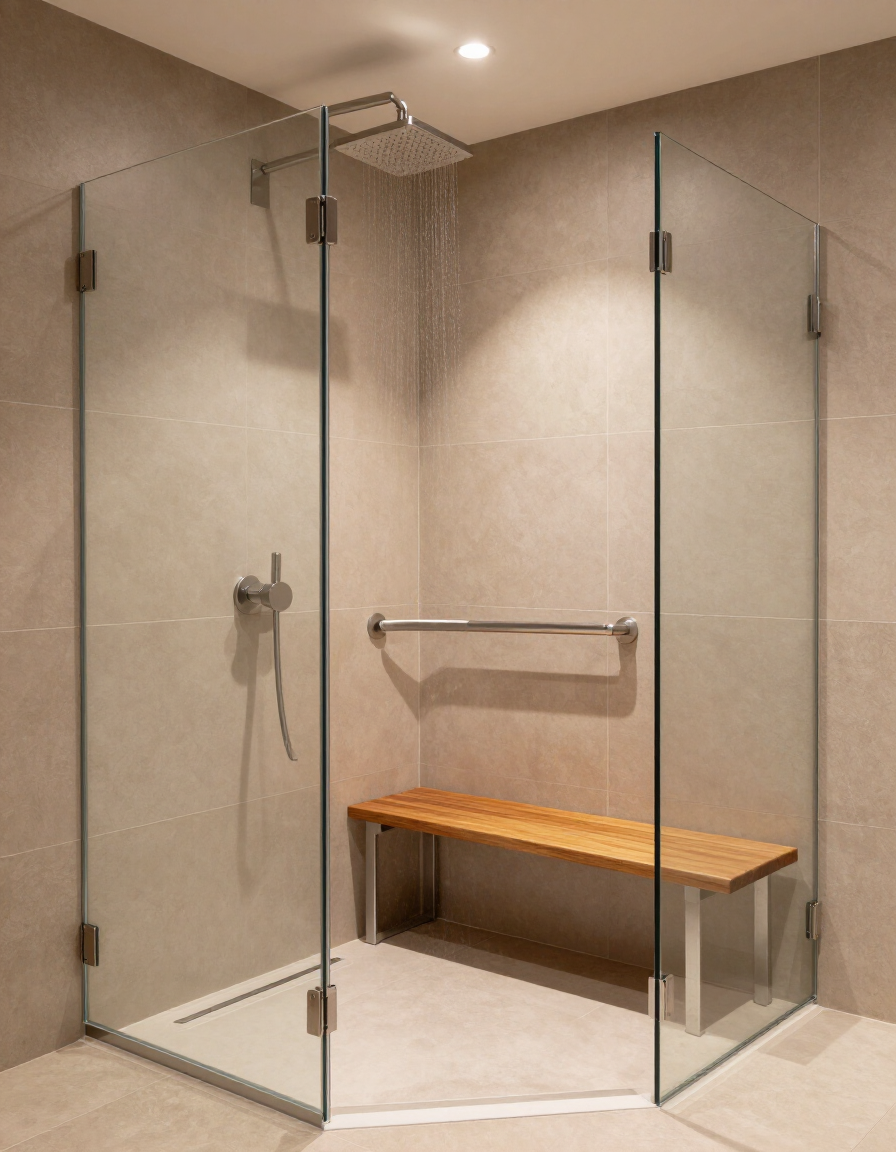 Curbless walk-in shower with fold-down bench, grab bar, and rainfall showerhead