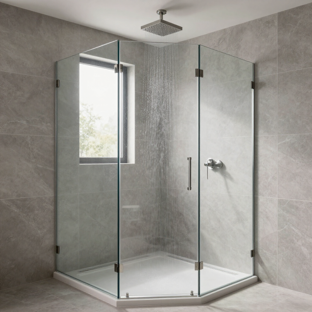 Airy walk-in shower with frameless glass panels, linear drain, and large-format warm grey tile