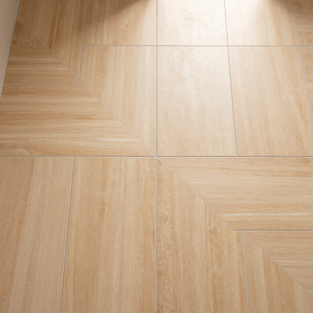 Freshly tiled bathroom floor with warm porcelain planks and herringbone accent border
