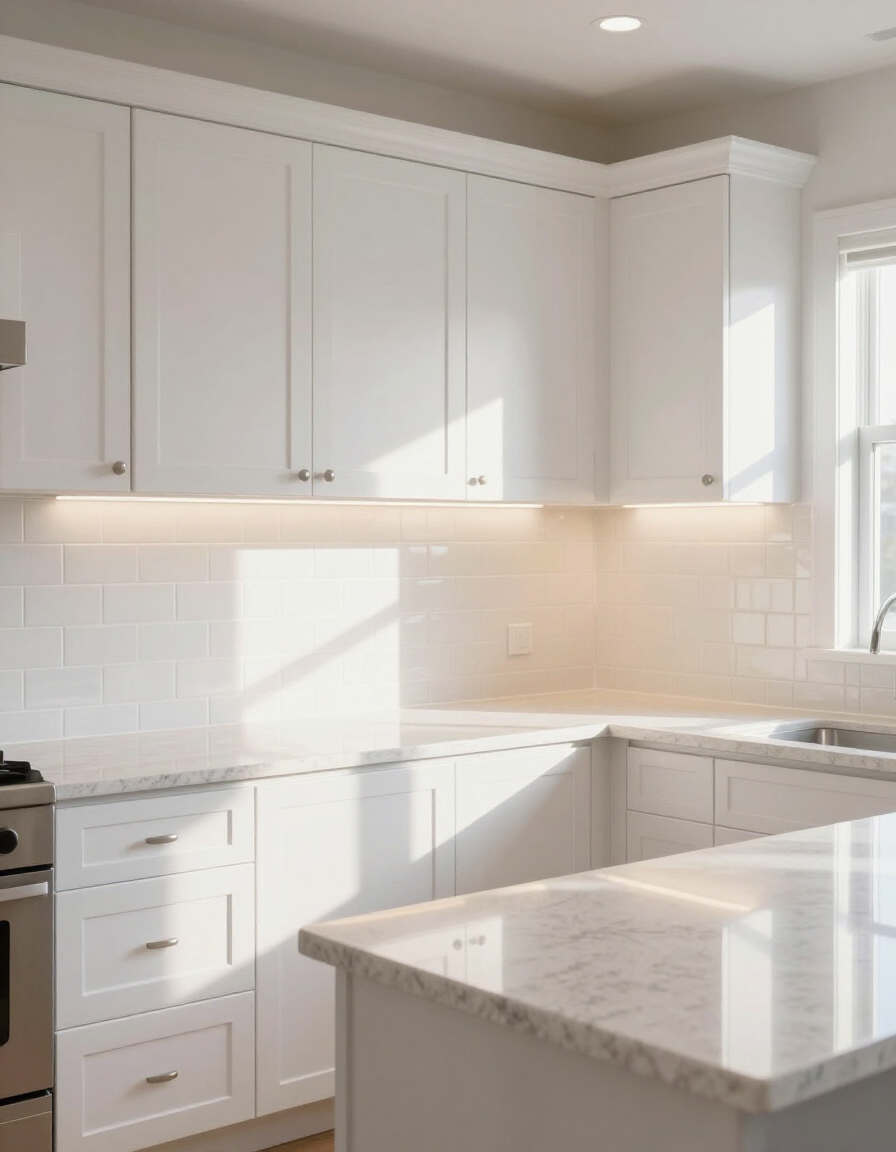 Bright kitchen with white shaker cabinets and quartz countertop