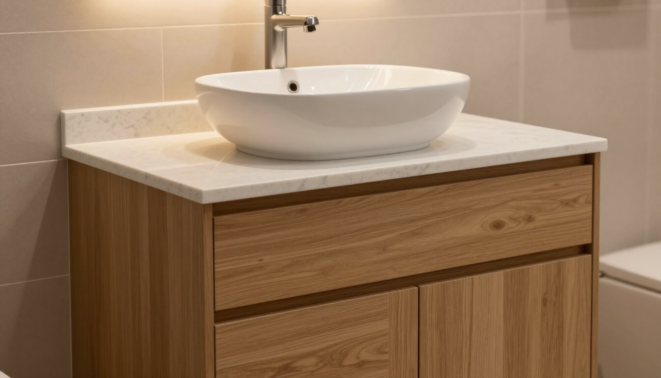 Bathroom vanity with new cabinetry and quartz countertop
