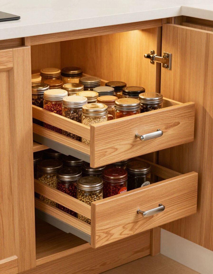 Kitchen cabinet interior with pull-out shelving and organizers