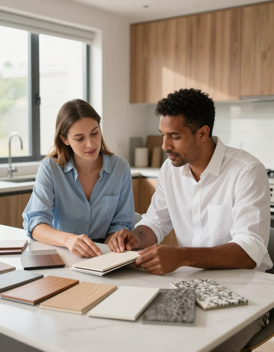 Homeowner reviewing cabinet and countertop material samples with a professional