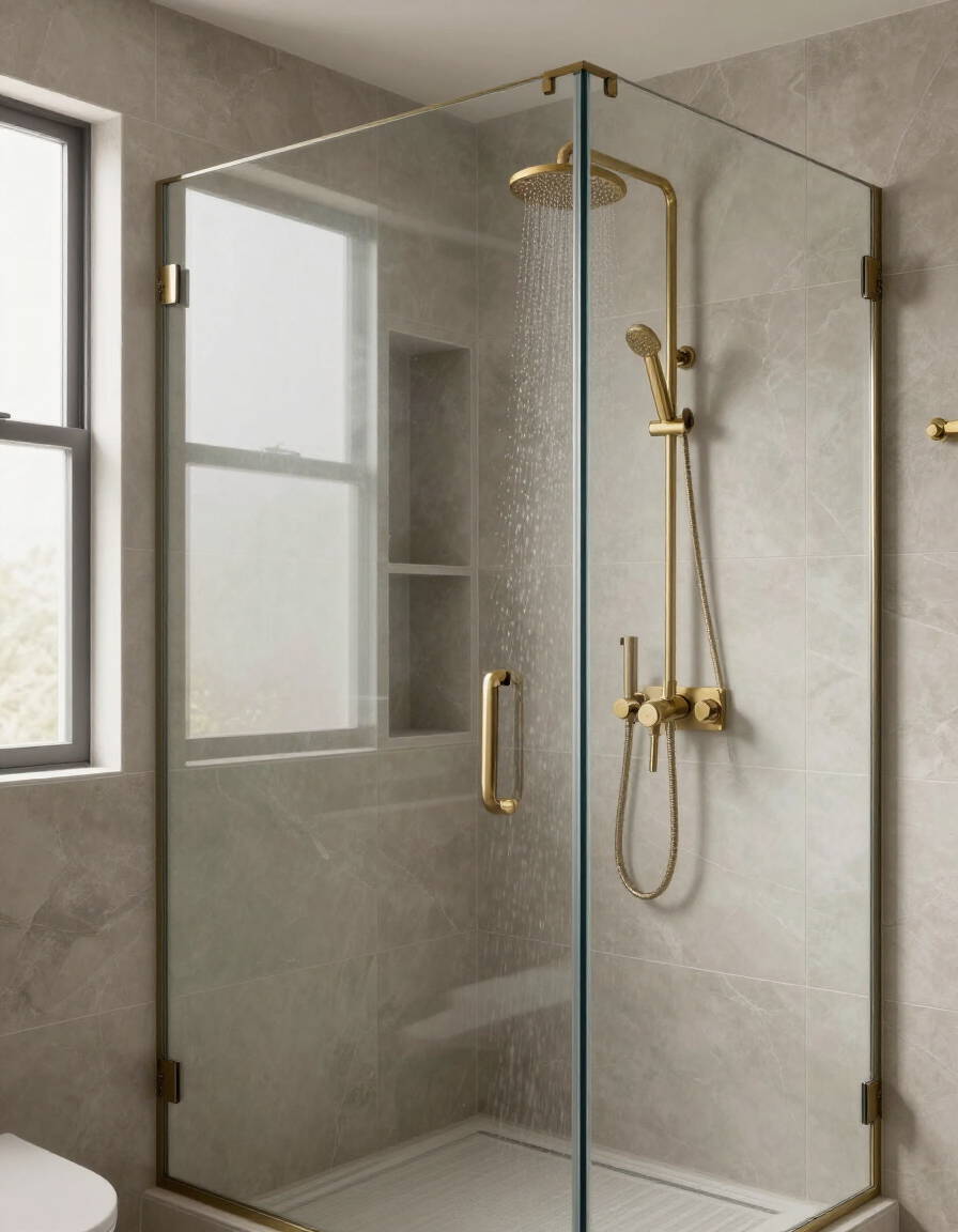 Walk-in shower with frameless glass enclosure and warm tile walls