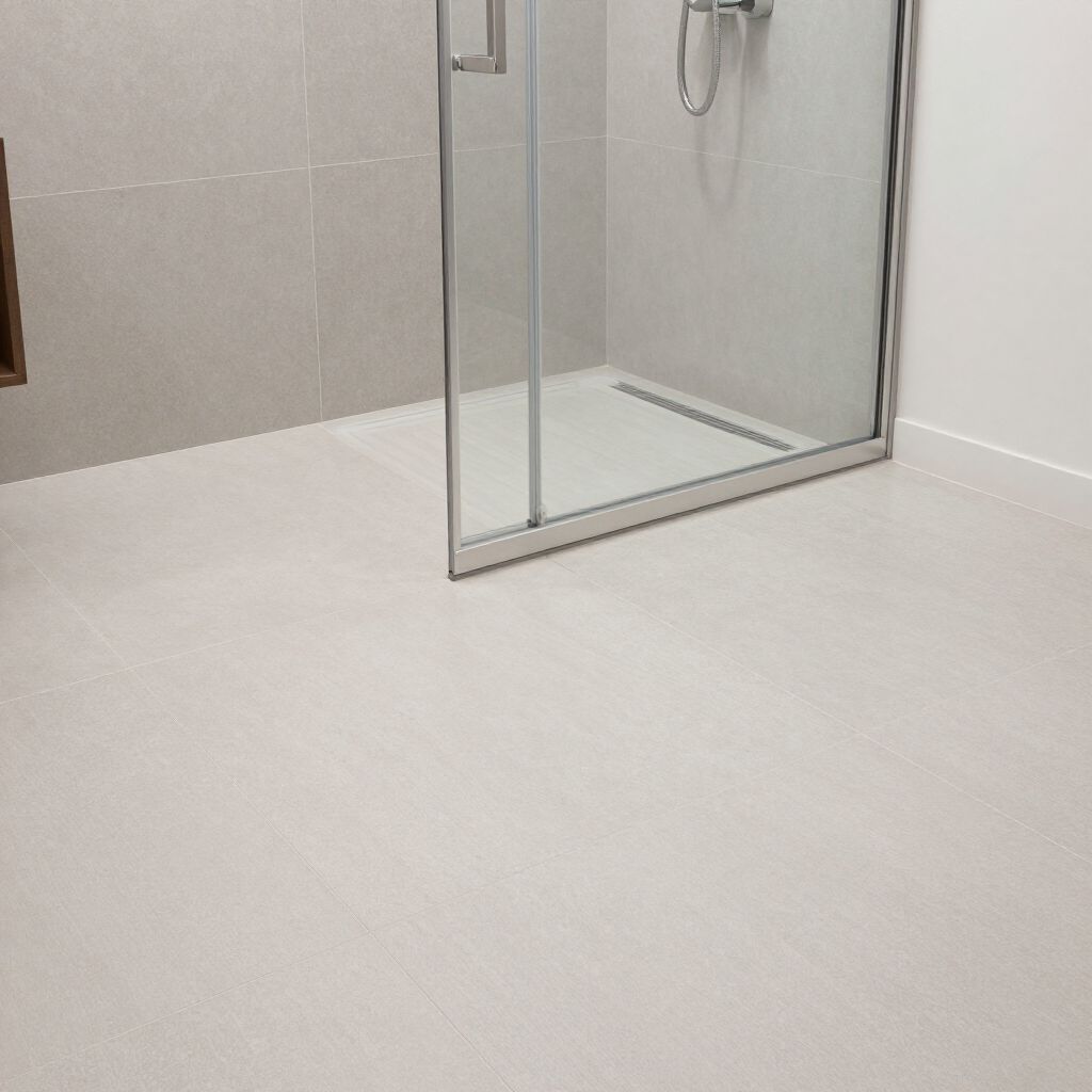 Curbless walk-in shower with seamless floor transition