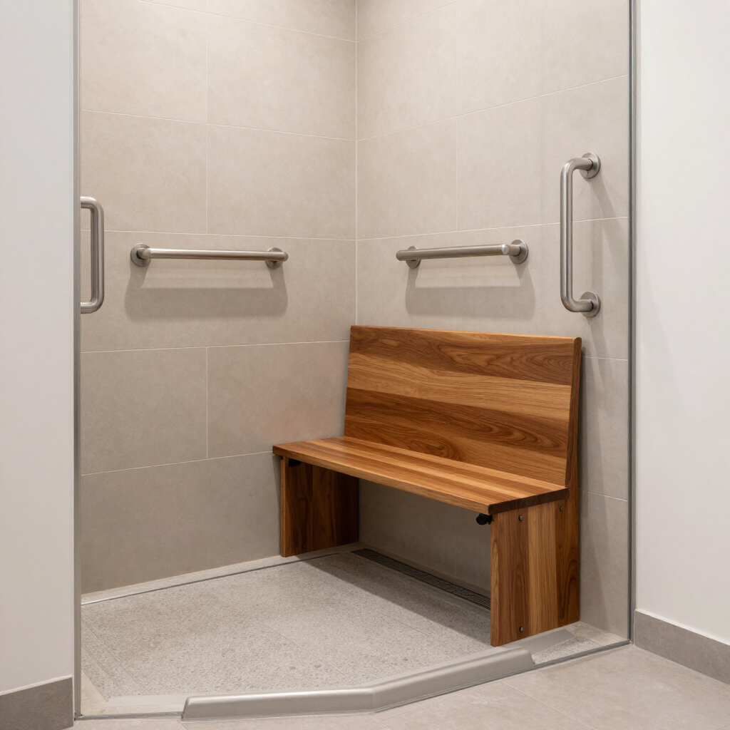 Barrier-free accessible shower with wide entry and bench