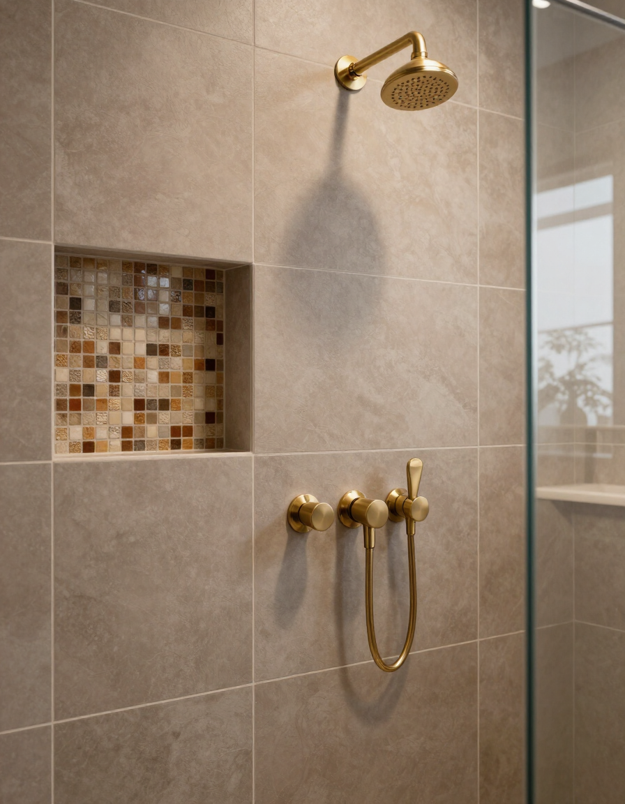 Beautifully tiled walk-in shower with warm taupe tiles and brushed gold fixtures