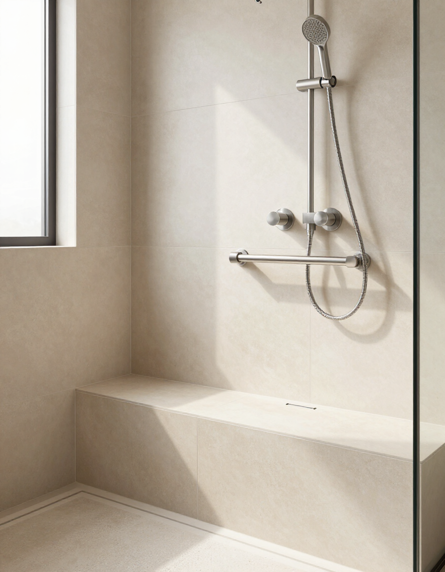 Modern walk-in shower with curbless entry, bench, and grab bars