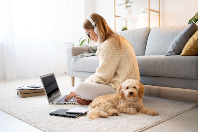 Person sitting on a rug with a small dog beside a laptop in a bright living room